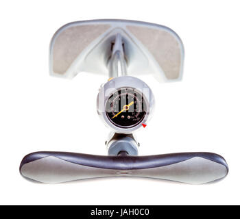 Draufsicht des Luft-Handpumpe mit Manometer isoliert auf weißem Hintergrund Stockfoto