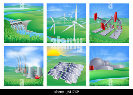 Erneuerbare Energien-Typen. Kraftwerk Symbole Vektor-Satz. Erneuerbare ...