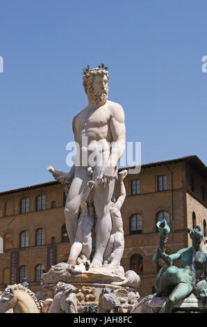 Brunnen von Neptun von Bartolomeo Ammanati und Gucci Museum in den Hintergrund, Piazza della Signoria, Florenz, Italien Stockfoto