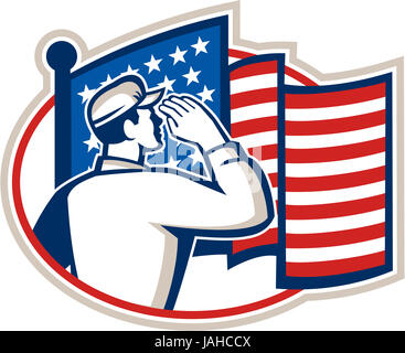 Illustration der ein amerikanischer Soldat Soldaten salutieren USA stars und Stripes Flagge gesehen von hinten im Inneren Oval im retro-Stil gemacht. Stockfoto