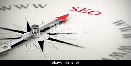 Kompass mit der Nadel zeigt das Wort SEO, Search Engine Optimization-Konzept-Bild. Stockfoto