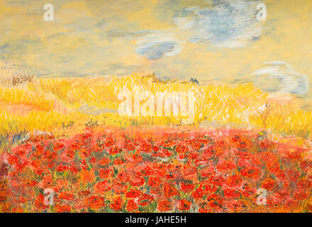 handgezeichnete lebendigen Pastell Darstellung der schönen Feld mit roten Mohnblumen Stockfoto