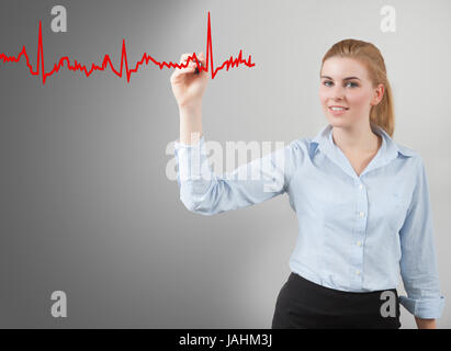 Business Frau Hand Zeichnung Herd Graph, grauen Hintergrund Stockfoto