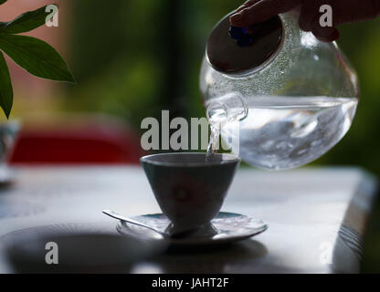 Gießt Wasser aus Glas Teekanne in eine Tasse auf einem unscharfen Hintergrund der Natur Stockfoto