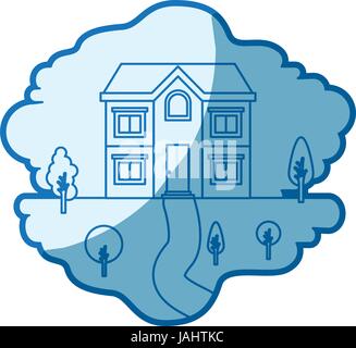 blaue Färbung Silhouette Szene der natürlichen Landschaft und Fassade Haus über zwei Etagen Stock Vektor