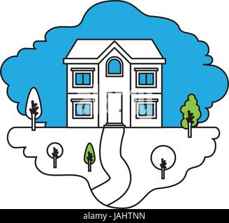 Farbe Abschnitte silhouette Szene der natürlichen Landschaft und Fassade Haus über zwei Etagen Stock Vektor