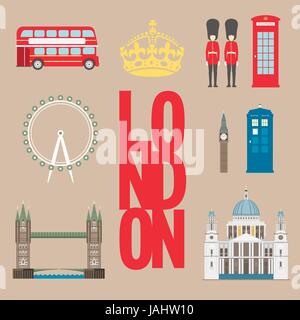 London-Reise-Info-Grafik. Vektor-Illustration, Big Ben, Eye, Tower Bridge und Doppeldecker-bus, Polizei-Box, St Pauls Cathedral, Queens Garden, Telefon. Stock Vektor