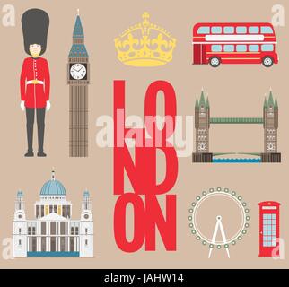 London-Reise-Info-Grafik. Vektor-Illustration, Big Ben, Eye, Tower Bridge und Doppeldecker-bus, Polizei-Box, St Pauls Cathedral, Queens Garden, Telefon. Stock Vektor