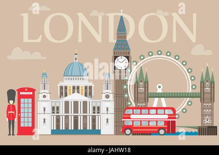 London-Reise-Info-Grafik. Vektor-Illustration, Big Ben, Eye, Tower Bridge und Doppeldecker-bus, Polizei-Box, St Pauls Cathedral, Queens Garden, Telefon. Stock Vektor