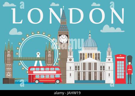 London-Reise-Info-Grafik. Vektor-Illustration, Big Ben, Eye, Tower Bridge und Doppeldecker-bus, Polizei-Box, St Pauls Cathedral, Queens Garden, Telefon. Stock Vektor