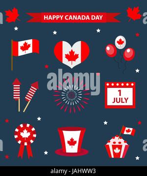 Glücklich Canada Day Icons set, design-Elemente, flachen Stil. 1. Juli National Day of Canada Urlaub Auflistung von Objekten mit Fahne, Hut, Ballons, Feuerwerk, Emblem. Vektor-Illustration. Stock Vektor
