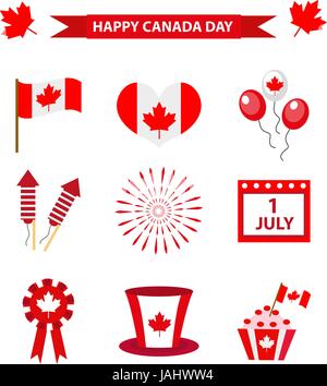 Glücklich Canada Day Icons set, design-Elemente, flachen Stil. 1. Juli National Day of Canada Urlaub Auflistung von Objekten mit Fahne, Hut, Ballons, Feuerwerk, Emblem. Vektor-Illustration. Stock Vektor