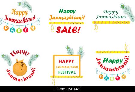 Glücklich Krishna Janmashtami Satz von Typografie mit Topf, Pfauenfeder, Querflöte. Indische Urlaub. Vektor-Illustration. Stock Vektor