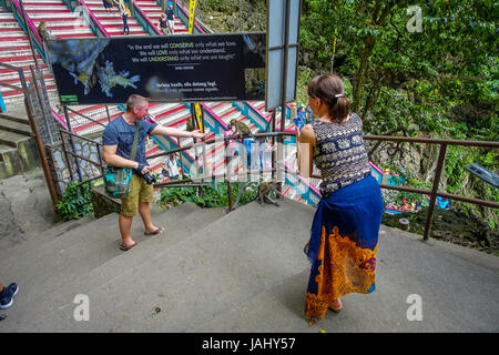 Kuala Lumpur, Malaysia - 9. März 2017: Unbekannte Touristen fotografieren Affen in Batu Caves, ein Kalkstein-Hügel mit großen und kleinen Höhlen und Höhlentempel und ein sehr beliebtes Hindu-Schrein außerhalb Indiens. Stockfoto