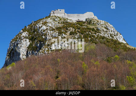 Katharer Burg Montségur, Occitanie, Frankreich. Stockfoto