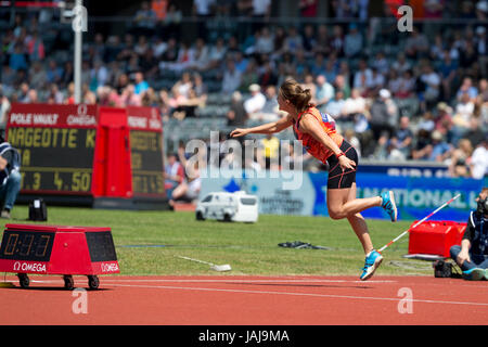 Goldie SAYERS konkurrieren im Speerwerfen bei den 2016 Diamond League, Alexander Stadium, Birmingham, UK, 6. Juni 2016. Stockfoto