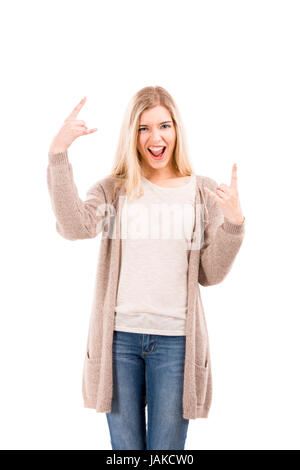 Schöne blonde Frau mit einem dummen Gesicht und Gestikulieren mit den Händen, isoliert auf weißem Hintergrund Stockfoto