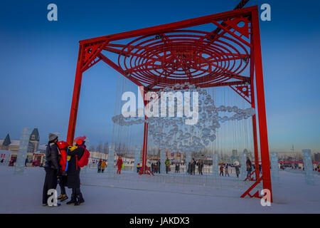 Harbin, China - 9. Februar 2017: Beeindruckende Eisskulptur in Harbin internationale Eis- und Schneeskulpturen-Festival. Stockfoto