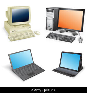 Die Sammlung, die Entwicklung von Computern isoliert auf weißem Hintergrund zeigt Stockfoto