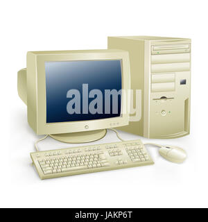 Die Retro-weiße Desktopcomputer mit Monitor, Tastatur und Maus auf dem weißen Hintergrund Stockfoto