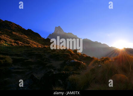 Sonnenaufgang in den Bergen des Himalaya. Machapuchare Gipfel. Stockfoto