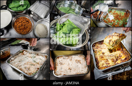 Lasagne machen. Typische Bologna hausgemachte frische grüne Pasta im Ofen gegart. Stockfoto