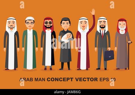 Gruppe der Arabische Mann-Familie. Phasen der Entwicklung Menschen - Säuglingsalter, Kindheit, Jugend, Reife, Alter. Vektor. Stock Vektor