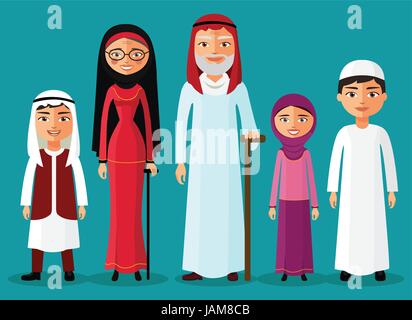 Arabische Großeltern mit Enkeln zusammen in einem flachen Stil. Enkelin, Opa, Oma und Enkel. Arabische alte Menschen. Vektor-Illustration. Stock Vektor