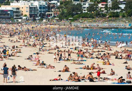 Eine überfüllte Bondi Beach an einem Sommertag. Sydney, New South Wales. Australien. Stockfoto