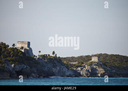 Qunitana Roo, Tulum, Mexiko, Ruinen, Maya, el Castillo, Templo del Dios de aus Vientos, Meer, Küste, Stockfoto