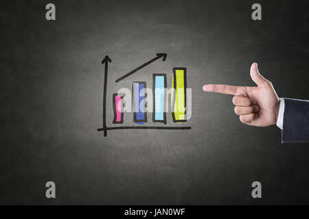 Geschäftsmann Hand zeigen Zeichen mit Geschäftsbericht über Schwarzes Brett Stockfoto