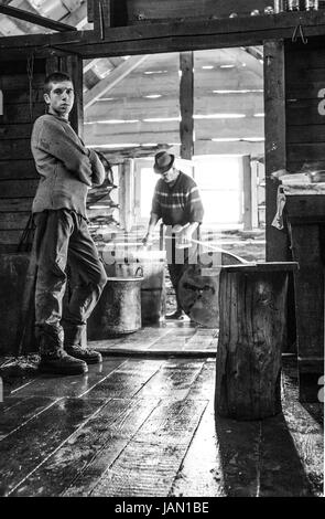 Rumänische Landschaft, Käser, alten traditionellen Verfahren, Feuerstelle in der Mitte des Hauses. Maramures-Gebirge. Stockfoto