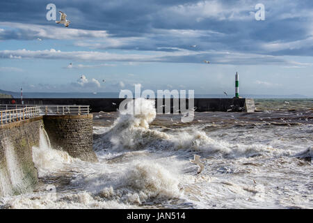 Aberystwyth das Kurleben wird von einer Feder Sturm zerschlagen. Stockfoto