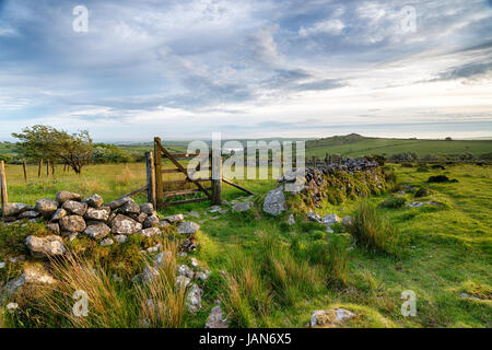 Ein hölzernes Tor auf Bodmin Moor in Cornwall, zum Siblyback See und Tregarrick Tor in weiter Ferne Stockfoto