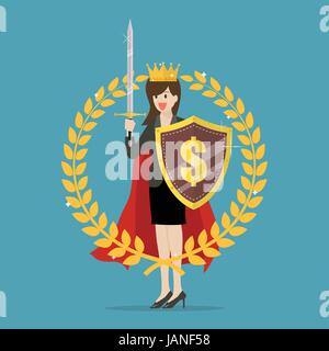 Frau mit Schild Schwert und goldenen Kranz. Symbol für Sieg und Erfolg Stock Vektor