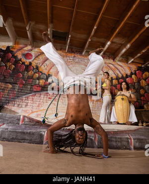 Capoeira-Performer mit Dreadlocks im handstand Stockfoto