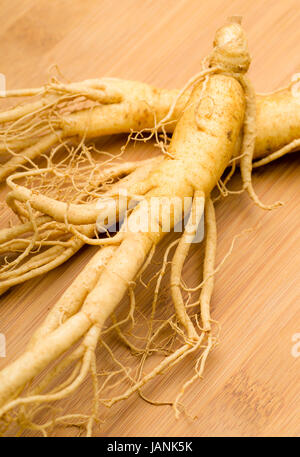 Frische Ginseng auf dem hölzernen Hintergrund Stockfoto