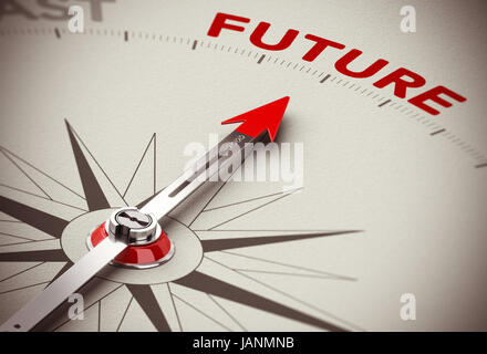 Realistische konzeptionelle 3D-Render Bild mit Schärfentiefe-Unschärfeeffekt. Kompass mit der Nadel zeigt das Wort Zukunft Papierhintergrund. Konzept für Geschäftslösungen Vision oder Perspektive. Stockfoto
