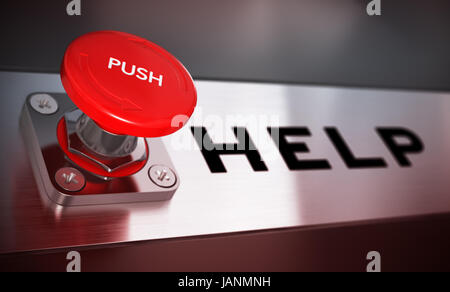 Realistische konzeptionelle 3D-Render Bild mit Schärfentiefe-Unschärfeeffekt. Roten Druckknopf mit der Word-Hilfe. Konzept für den Notfall. Stockfoto