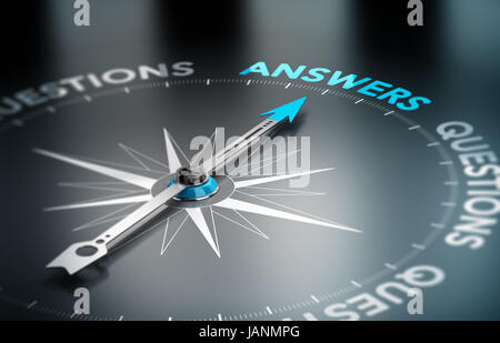 Realistische konzeptionelle 3D-Render Bild mit Schärfentiefe-Unschärfeeffekt. Kompass mit der Nadel zeigt das Wort Antwort, schwarzer Hintergrund. Konzept für Business-Lösungen. Stockfoto