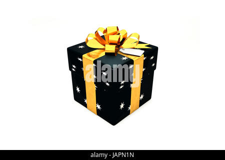 3D Illustration: schwarze Geschenkbox mit Stern, golden Metall Band / beugen und tag auf einem weißen Hintergrund isoliert. Stockfoto