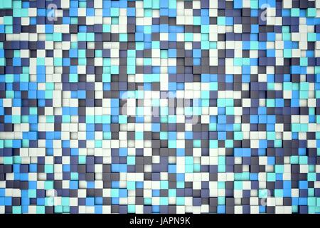 3D Illustration: Mosaik-abstrakten Hintergrund, blaue farbige Blöcke.  Eis-Winter. Palette von Farbtönen. kleine Quadrate, Zelle. Wand der Würfel. Pixel-Kunst. Stockfoto