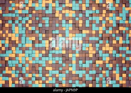 3D Illustration: Mosaik-abstrakten Hintergrund, farbige Blöcke braun, grün, Beige, orange, gelbe Farbe. Palette von Farbtönen. kleine Quadrate, Zelle. Pixel-art Stockfoto