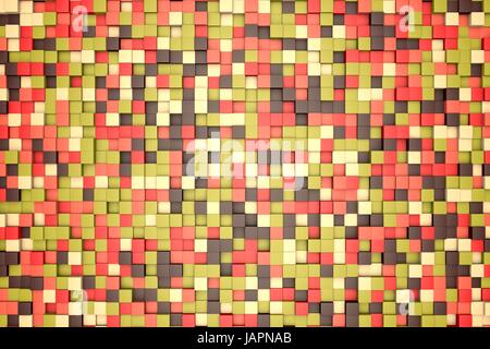 3D Illustration: Mosaik-abstrakten Hintergrund, farbige Blöcke braun, rot, rosa, grün, Beige, Gelb Farbe. Herbst, Herbst. Palette von Farbtönen. kleine Quadrate Stockfoto