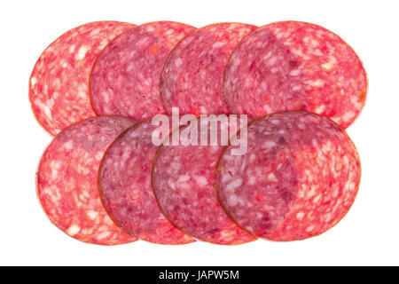 Salami, geräucherte Wurst auf weißem Hintergrund Stockfoto