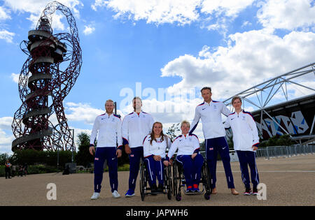 Großbritannien ist (von links nach rechts) Jonnie Peacock, Aled Davies, Hannah Cockroft, Jo Butterfield, Richard Whitehead und Sophie Hahn während der britischen Leichtathletik-Para-Team für die Para Leichtathletik-Weltmeisterschaften im London Stadium zu starten. Stockfoto