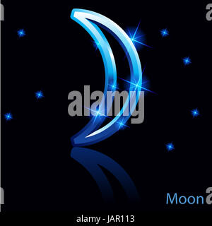 Glänzende blaue Mond-Zeichen auf schwarzem Hintergrund. Stockfoto
