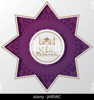 lila Farbe Sterne Formrahmen mit Hintergrund Eid Mubarak-Moschee mit Hand gezeichnet Kalligraphie-logo Stock Vektor