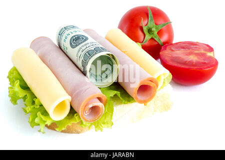 Köstliche Geld Sandwich. Kosten für Lebensmittel Stockfoto