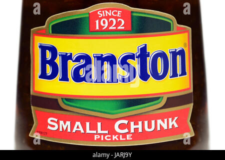 Branston Label auf ein Glas mit Gurke, hautnah. Stockfoto